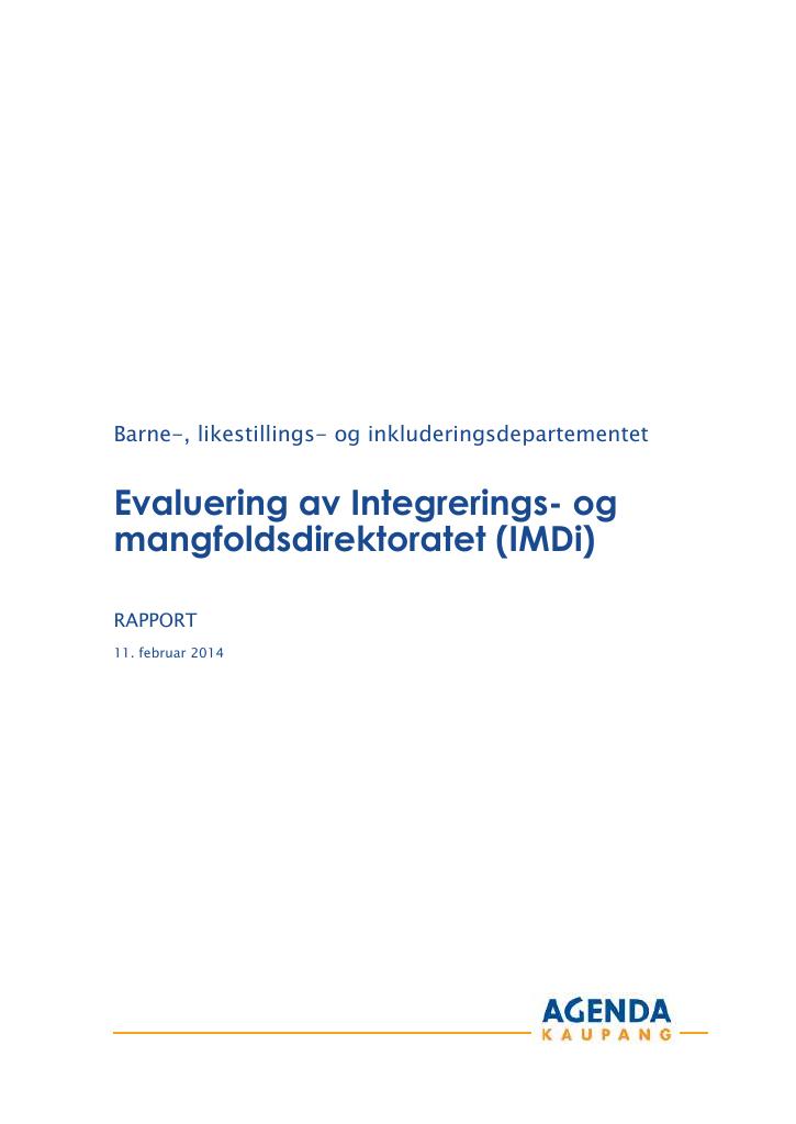 Forsiden av dokumentet Evaluering av Integrerings- og mangfoldsdirektoratet (IMDi)