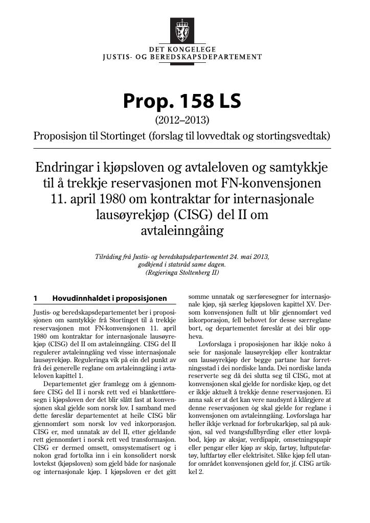 Forsiden av dokumentet Prop. 158 LS (2012–2013)