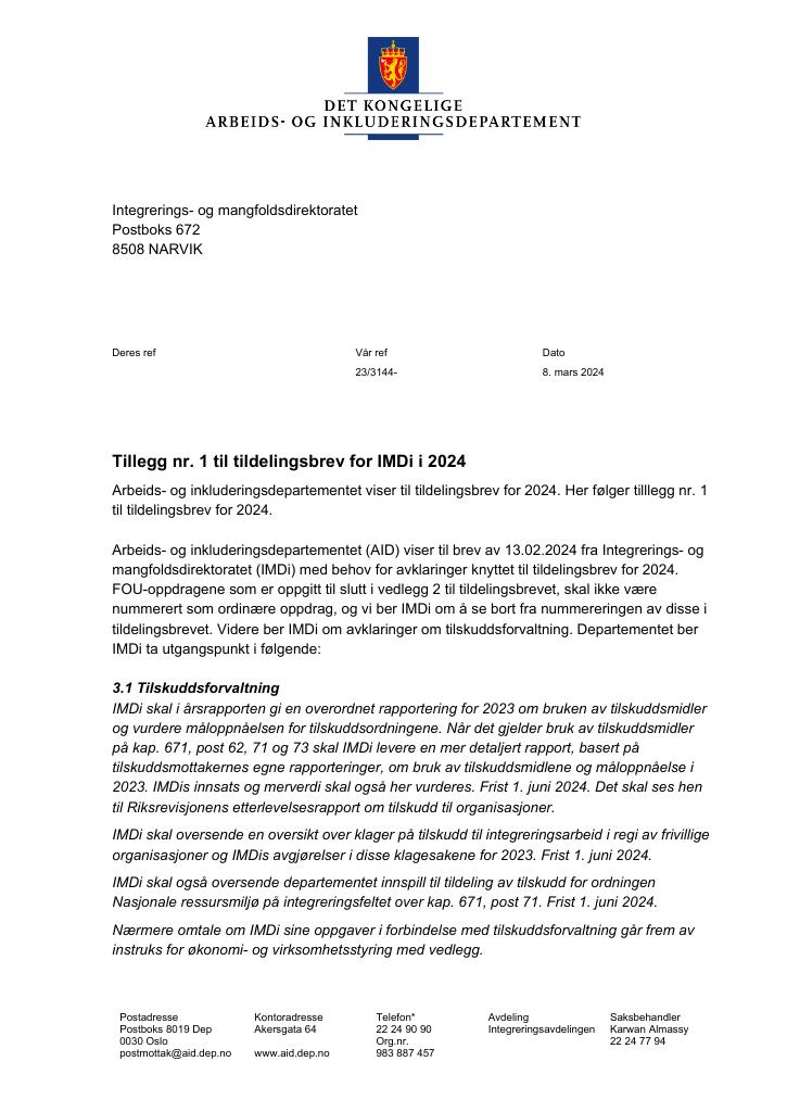 Forsiden av dokumentet Tildelingsbrev Integrerings- og mangfoldsdirektoratet (IMDi) 2024 - tillegg nr. 1