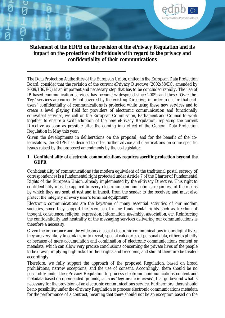 Forsiden av dokumentet Statement of the EDPB on the revision of the ePrivacy Regulation and its impact on the protection of individuals with regard to the privacy and confidentiality of their communications