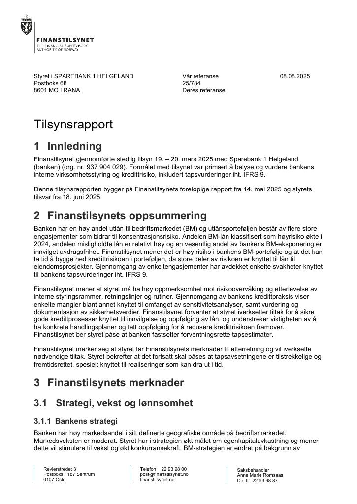 Forsiden av dokumentet Tilsynsrapport Sparebank 1 Helgeland