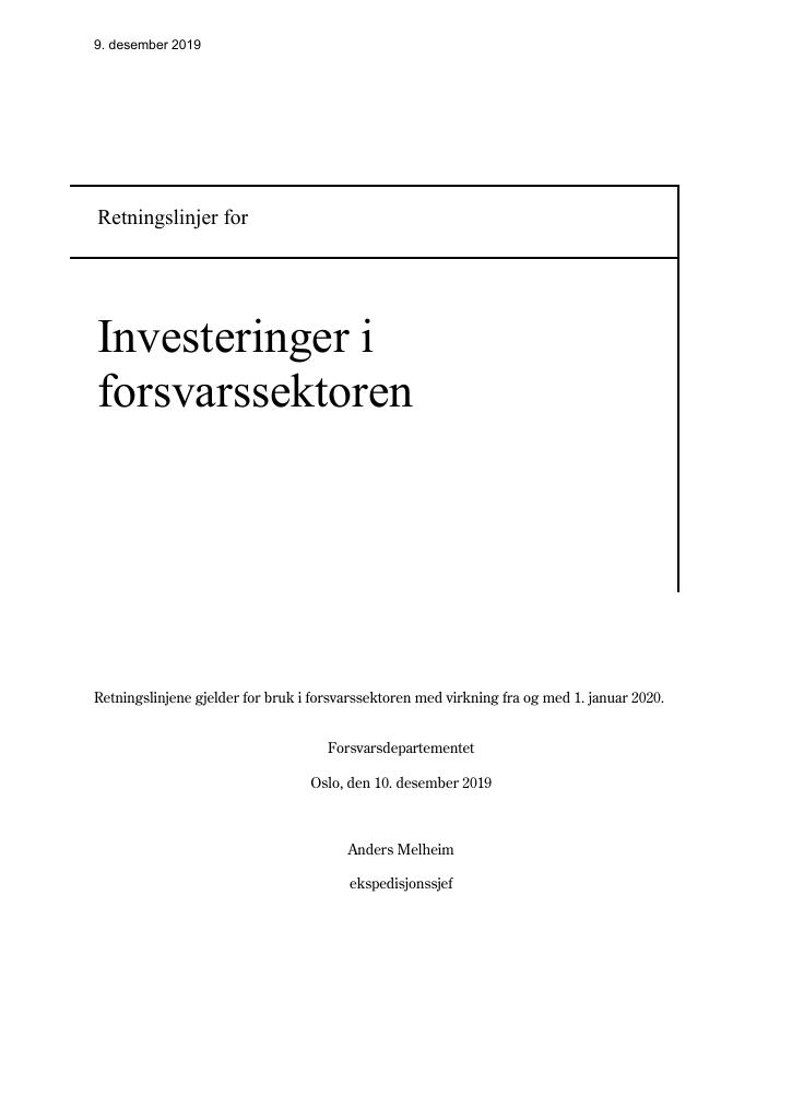 Forsiden av dokumentet Retningslinjer for investeringer i forsvarssektoren