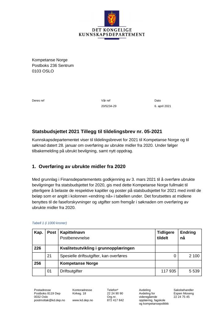 Forsiden av dokumentet Tildelingsbrev Kompetanse Norge 2021 - tillegg nr. 5