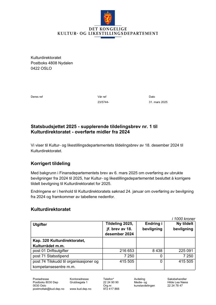 Forsiden av dokumentet Tildelingsbrev Kulturdirektoratet 2025 - tillegg nr. 1