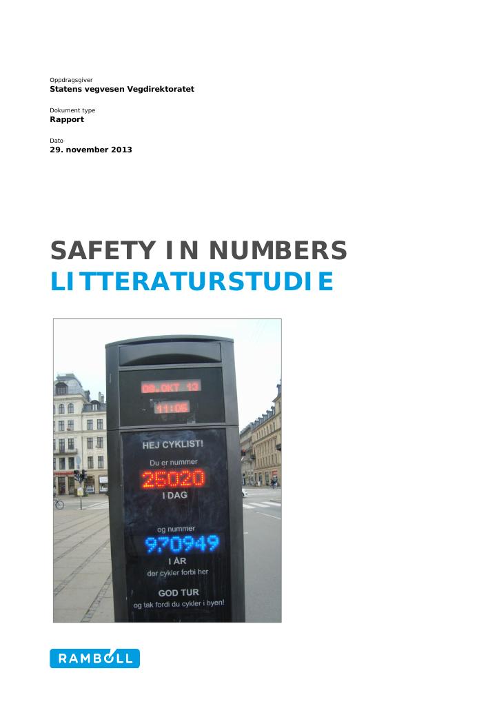 Forsiden av dokumentet Safety in numbers -Litteraturstudie - Rambøll 2013