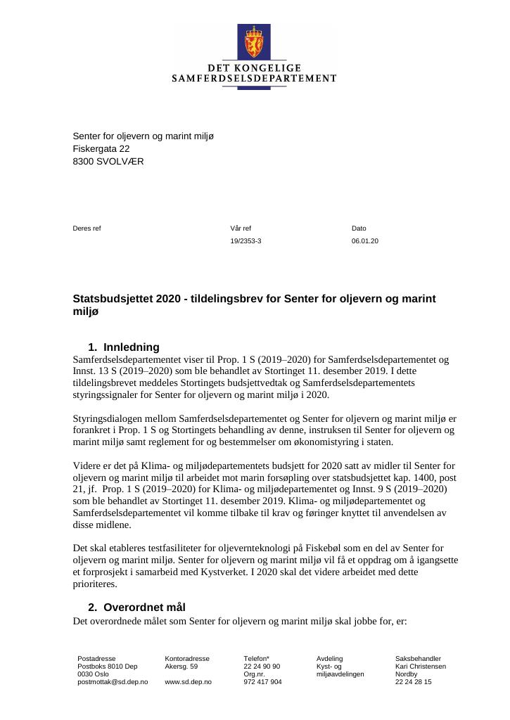 Forsiden av dokumentet Tildelingsbrev Senter for oljevern og marint miljø 2020