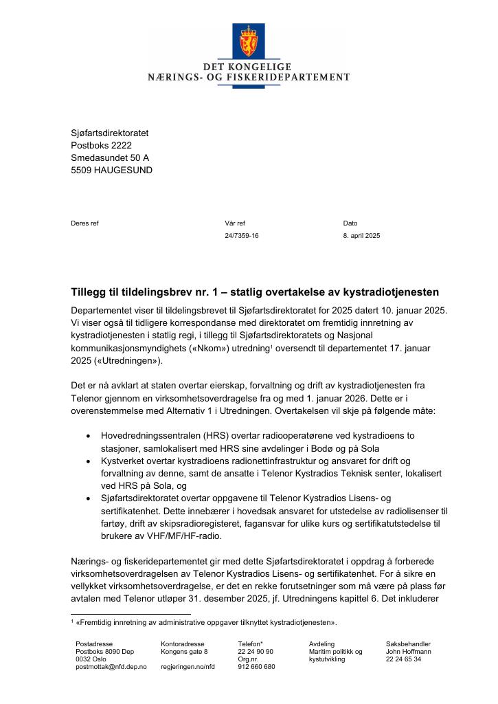 Forsiden av dokumentet Tildelingsbrev Sjøfartsdirektoratet 2025 - tillegg nr. 1