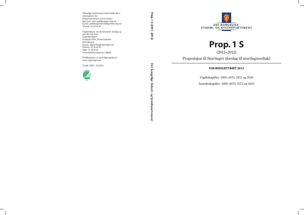 Forsiden av dokumentet Prop. 1 S (2011–2012)
