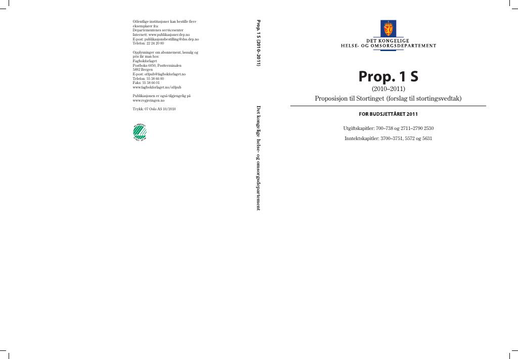 Forsiden av dokumentet Prop. 1 S (2010–2011)