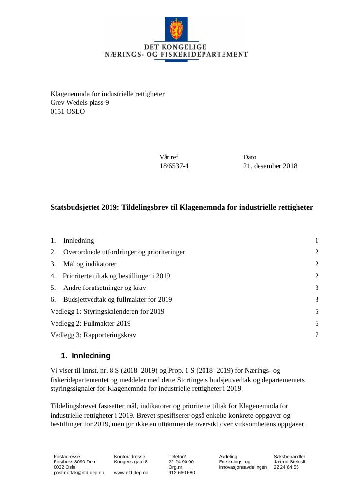 Forsiden av dokumentet Tildelingsbrev Klagenemnda for industrielle rettigheter 2019