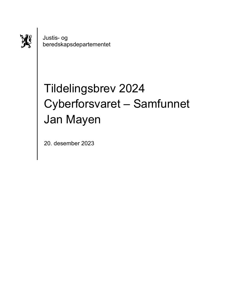 Forsiden av dokumentet Tildelingsbrev Samfunnet Jan Mayen – Cyberforsvaret 2024