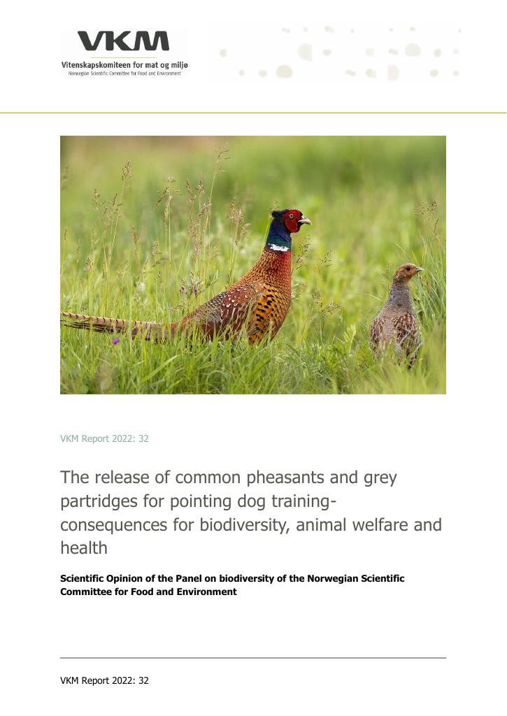 Forsiden av dokumentet The release of common pheasants and grey partridges for pointing dog trainingconsequences for biodiversity, animal welfare and health