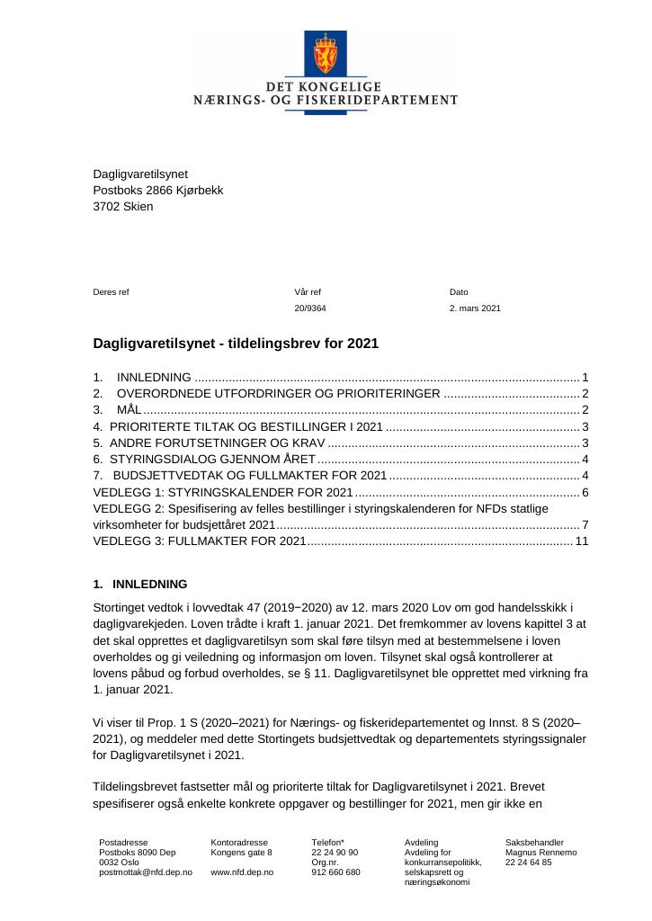 Forsiden av dokumentet Tildelingsbrev Dagligvaretilsynet 2021