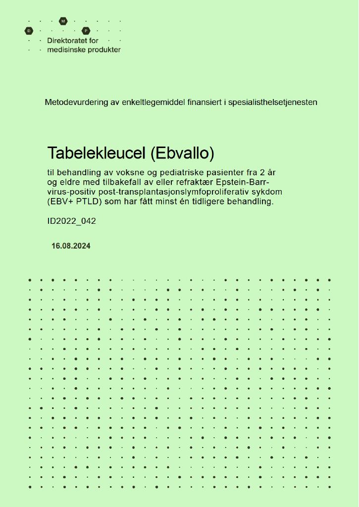 Forsiden av dokumentet Tabelekleucel (Ebvallo) til behandling av voksne og pediatriske pasienter fra 2 år og eldre med tilbakefall av eller refraktær Epstein-Barr-virus-positiv post-transplantasjonslymfoproliferativ sykdom (EBV + PTLD) som har fått minst én tidligere behandling