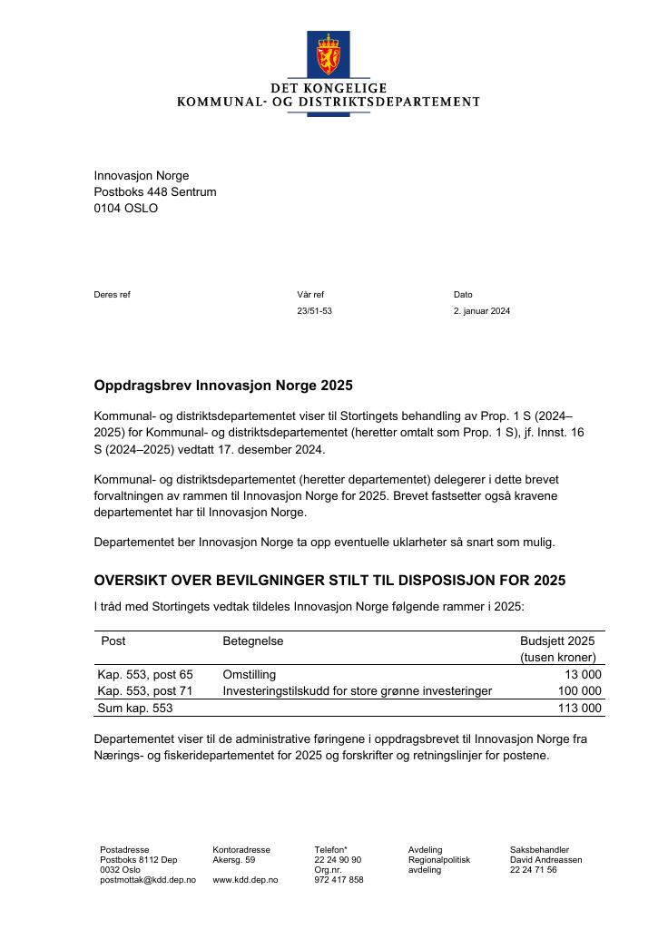Forsiden av dokumentet Oppdragsbrev Innovasjon Norge 2025 med vedlegg