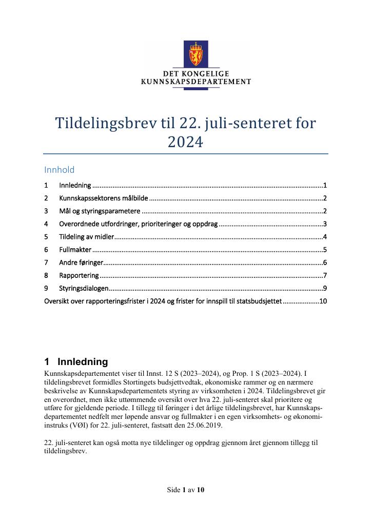 Forsiden av dokumentet Tildelingsbrev 22. juli-senteret 2024