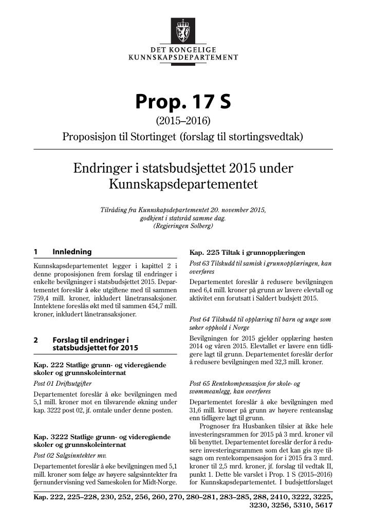 Forsiden av dokumentet Prop. 17 S (2015–2016)