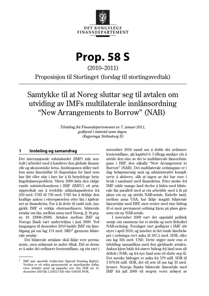 Forsiden av dokumentet Prop. 58 S (2010–2011)