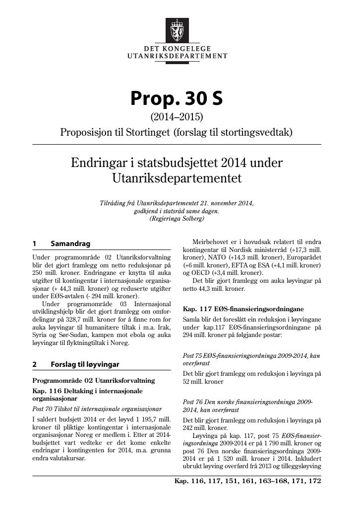 Forsiden av dokumentet Prop. 30 S (2014-2015)