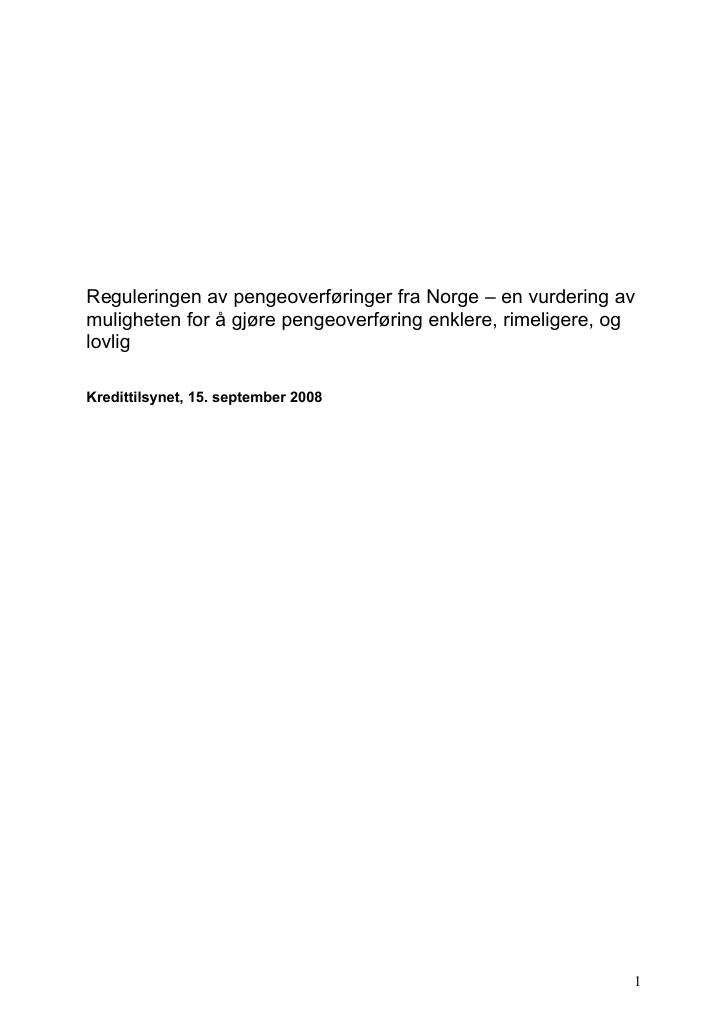 Forsiden av dokumentet Reguleringen av pengeoverføringer fra Norge