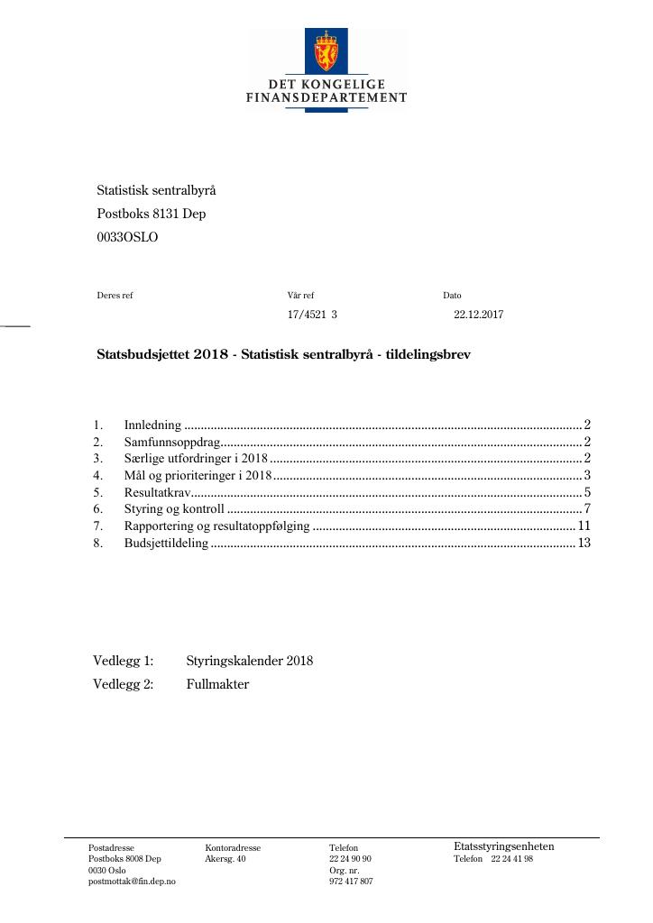 Forsiden av dokumentet Tildelingsbrev (pdf)
