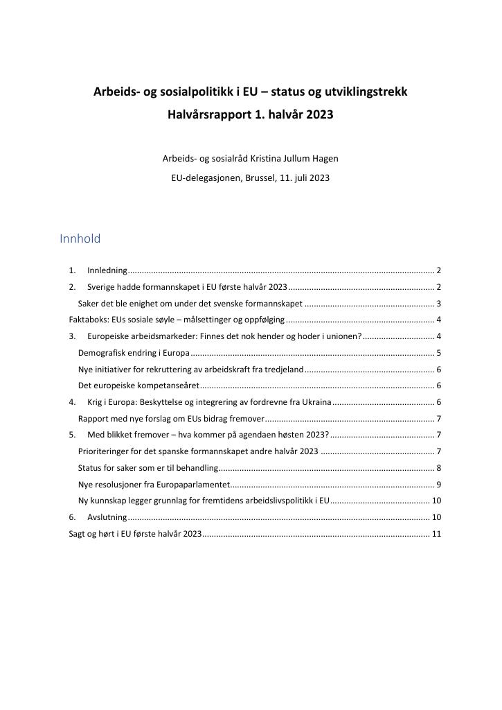 Forsiden av dokumentet EU-delegasjonens halvårsrapport om arbeids- og sosialsaker. Halvårsrapport 1. halvår 2023