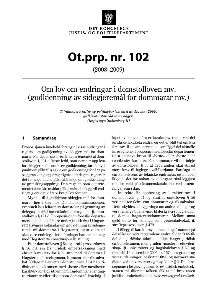 Forsiden av dokumentet Ot.prp. nr. 102 (2008-2009)