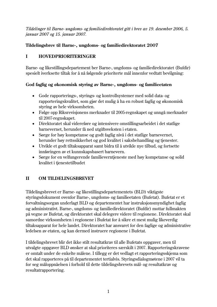 Forsiden av dokumentet Tildelingsbrev Bufdir 2007