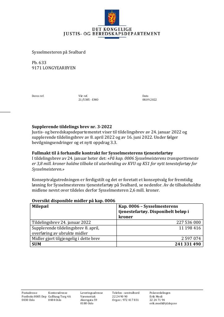 Forsiden av dokumentet Tildelingsbrev Sysselmesteren på Svalbard 2022 - tillegg nr. 3