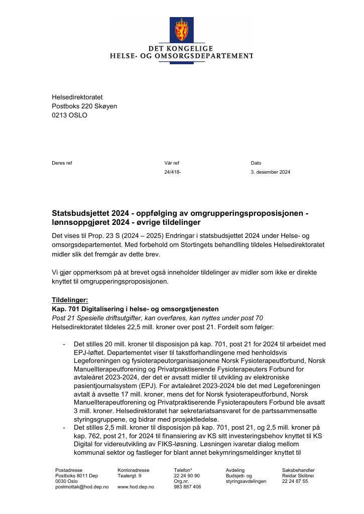 Forsiden av dokumentet Tildelingsbrev Helsedirektoratet 2024 - oppfølging av omgrupperingsproposisjonen