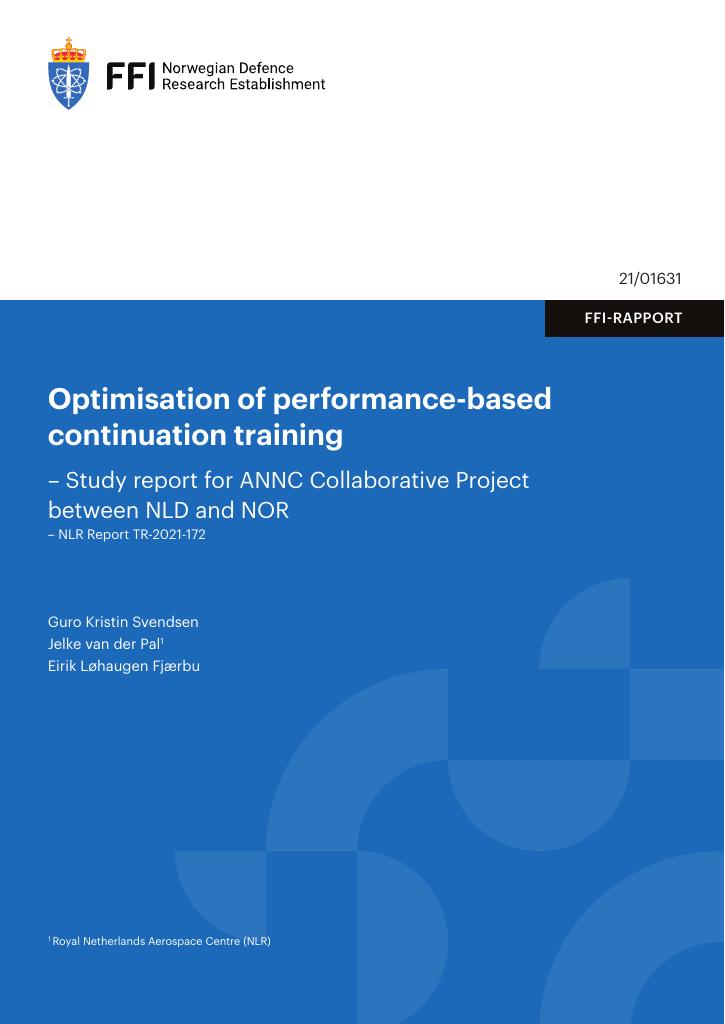 Forsiden av dokumentet Optimisation of performance-based continuation training : study report for ANNC Collaborative Project between NLD and NOR : NLR Report TR-2021-172