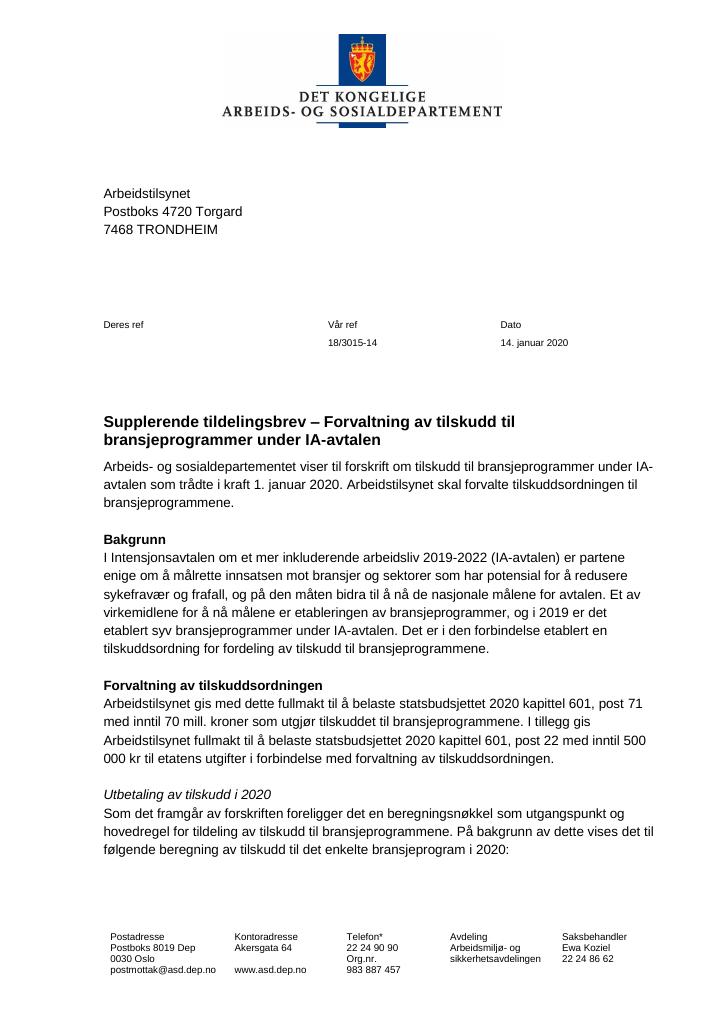 Forsiden av dokumentet Tildelingsbrev Arbeidstilsynet 2020 - tillegg nr. 1 til nr. 4