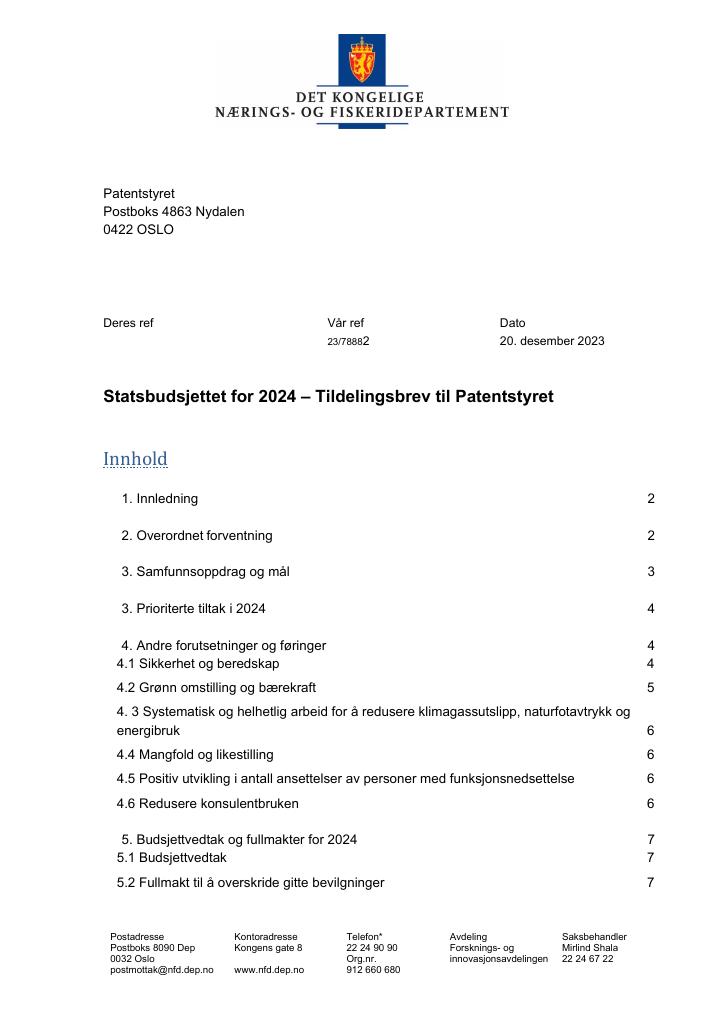 Forsiden av dokumentet Tildelingsbrev Patentstyret 2024