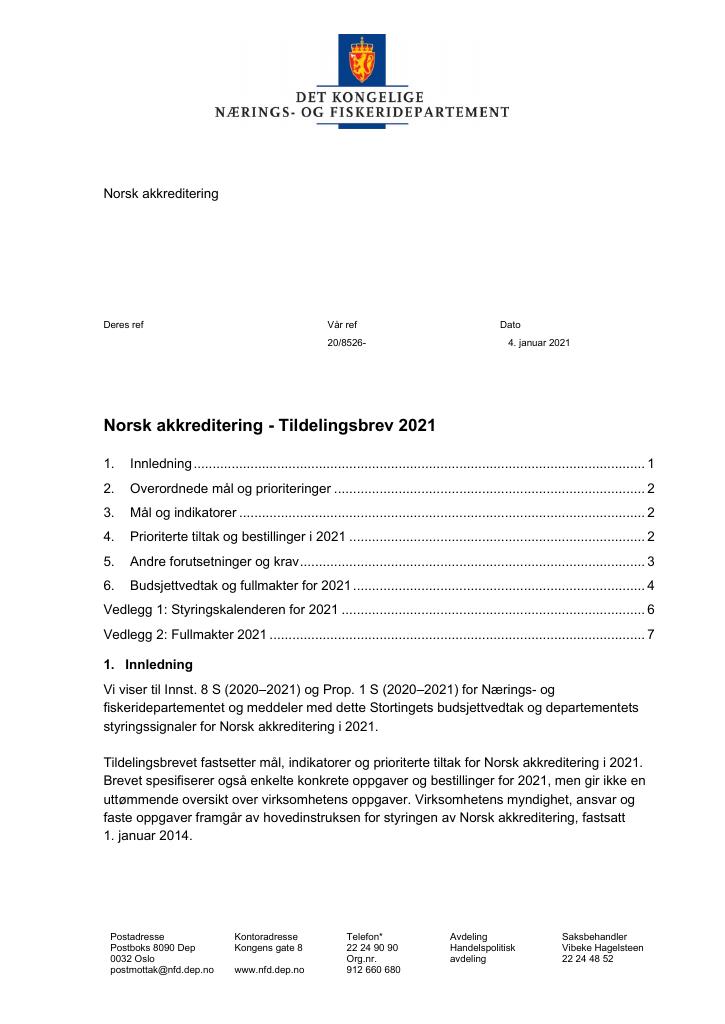 Forsiden av dokumentet Tildelingsbrev Norsk akkreditering 2021