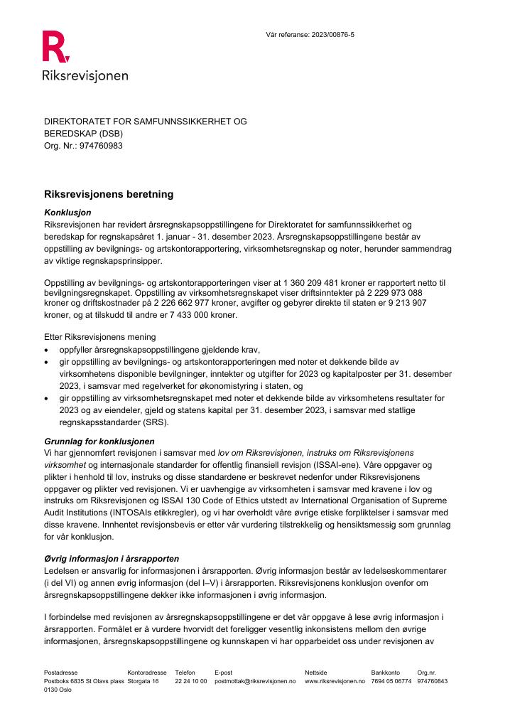 Forsiden av dokumentet Revisjonsberetning Direktoratet for samfunnssikkerhet og beredskap 2023