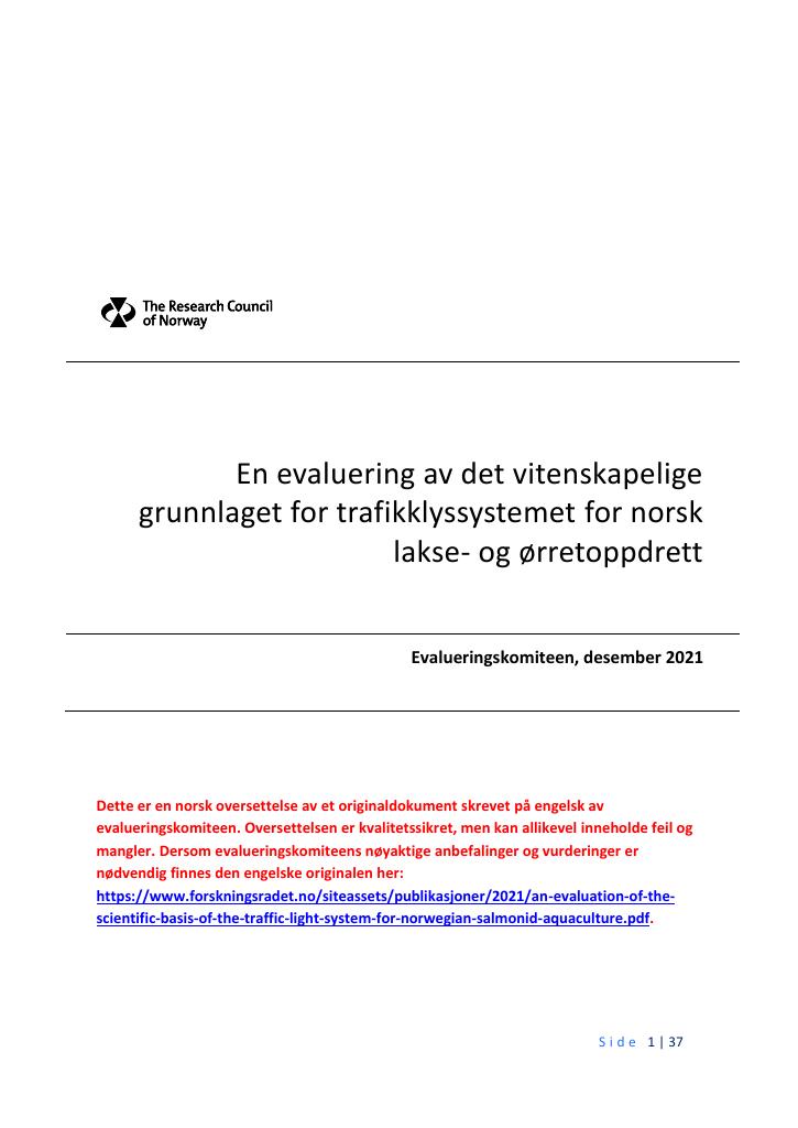 Forsiden av dokumentet En evaluering av det vitenskapelige grunnlaget for trafikklyssystemet for norsk lakse- og ørretoppdrett