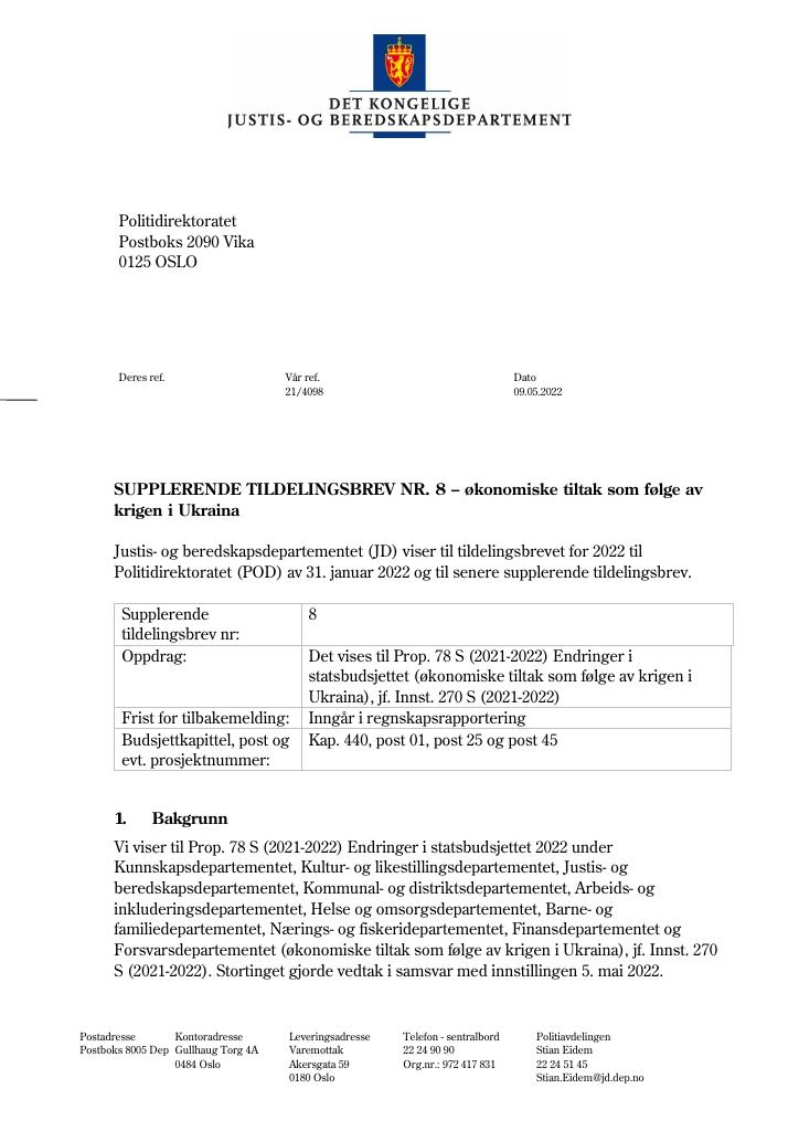 Forsiden av dokumentet Tildelingsbrev Politidirektoratet 2022 - tillegg nr. 8