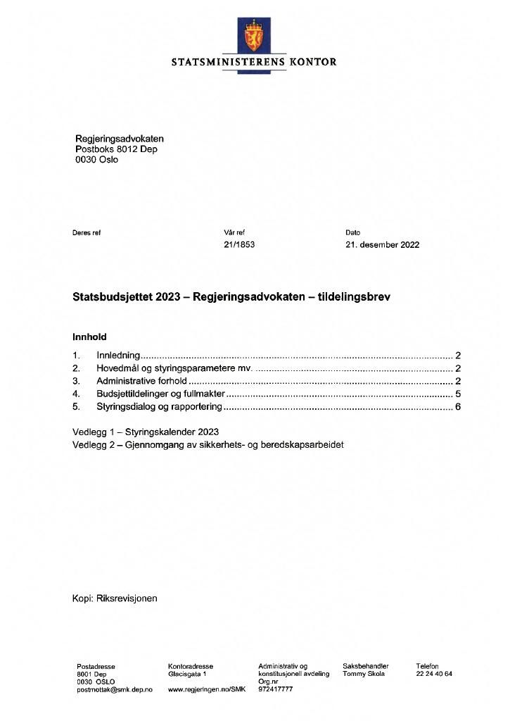 Forsiden av dokumentet Tildelingsbrev Regjeringsadvokaten 2023