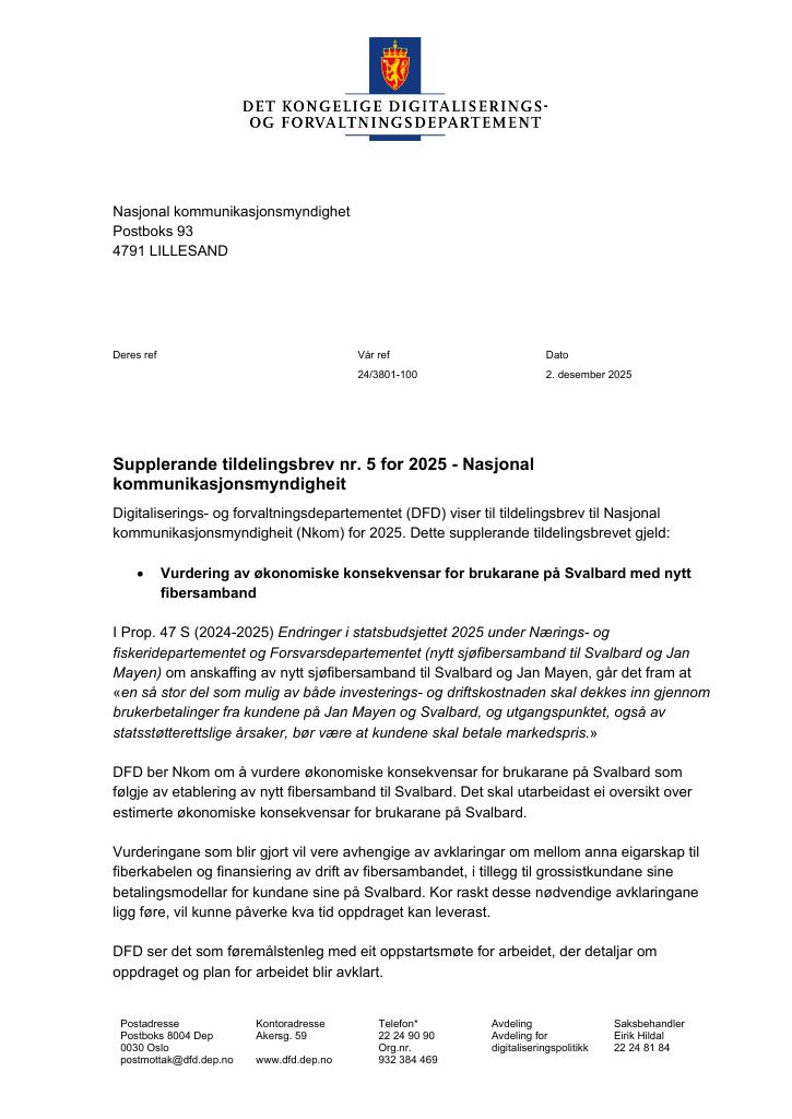Forsiden av dokumentet Tildelingsbrev Nkom 2025 - tillegg nr. 5