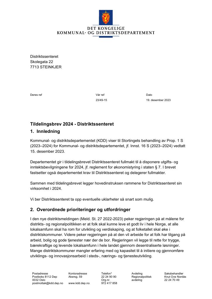 Forsiden av dokumentet Tildelingsbrev (pdf) 2024