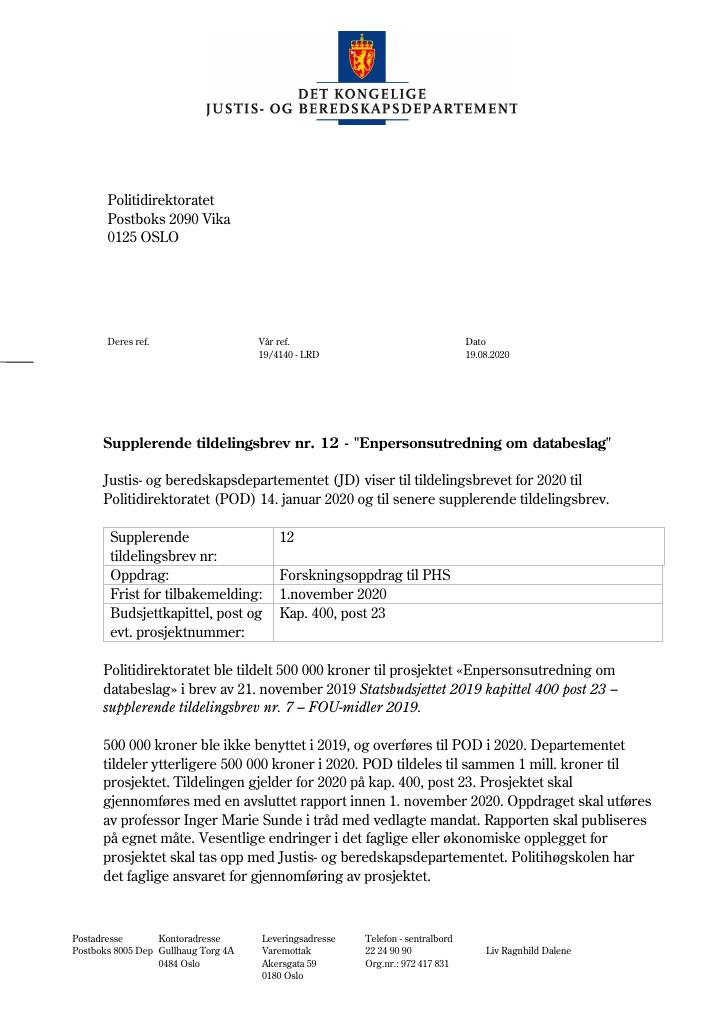 Forsiden av dokumentet Supplerende tildelingsbrev nr 12 2020 - Enpersonsutredning om databeslag (PDF)
