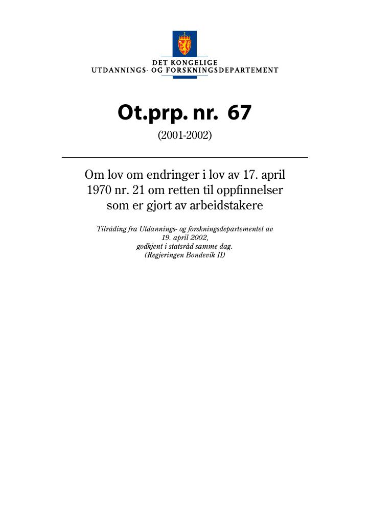 Forsiden av dokumentet Ot.prp. nr. 67 (2001-2002)