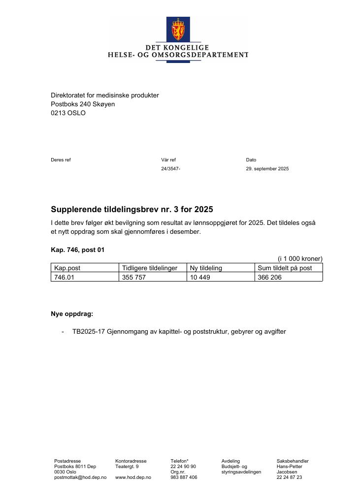 Forsiden av dokumentet Tildelingsbrev Direktoratet for medisinske produkter 2025 - tillegg nr. 3