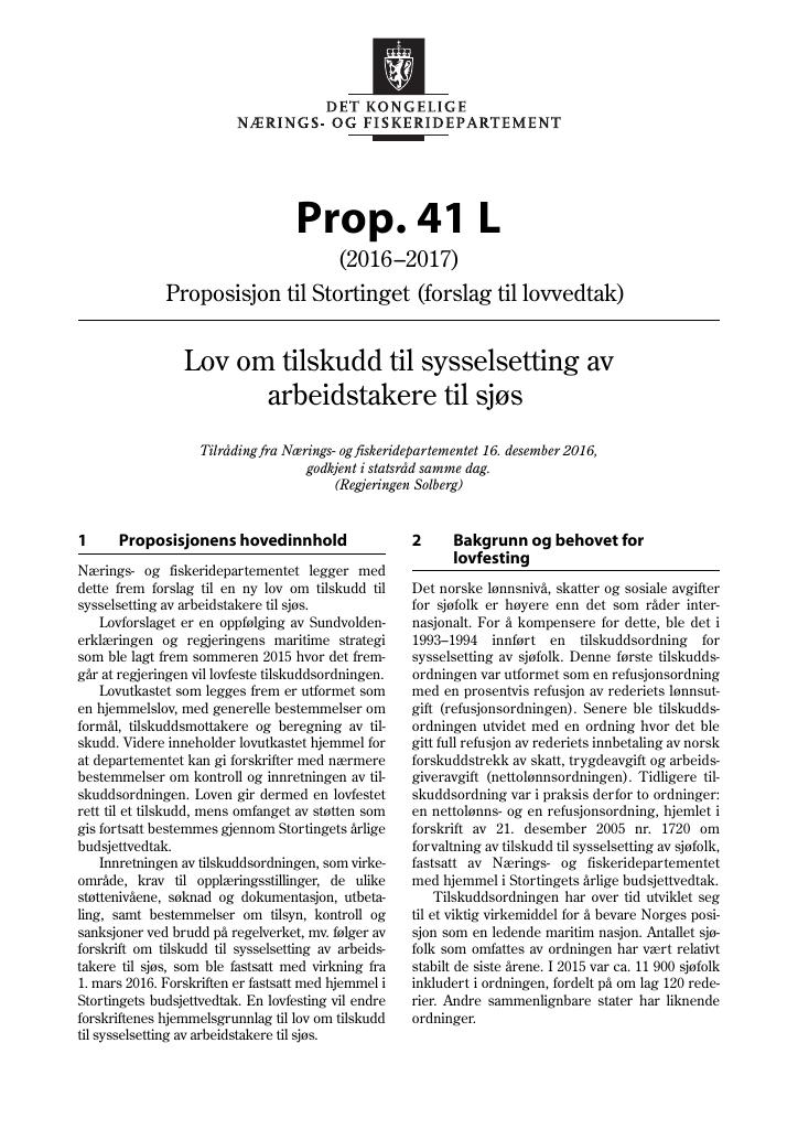 Forsiden av dokumentet Prop. 41 L (2016–2017)