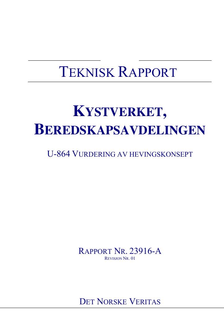 Forsiden av dokumentet U-864 Vurdering av hevingskonsept