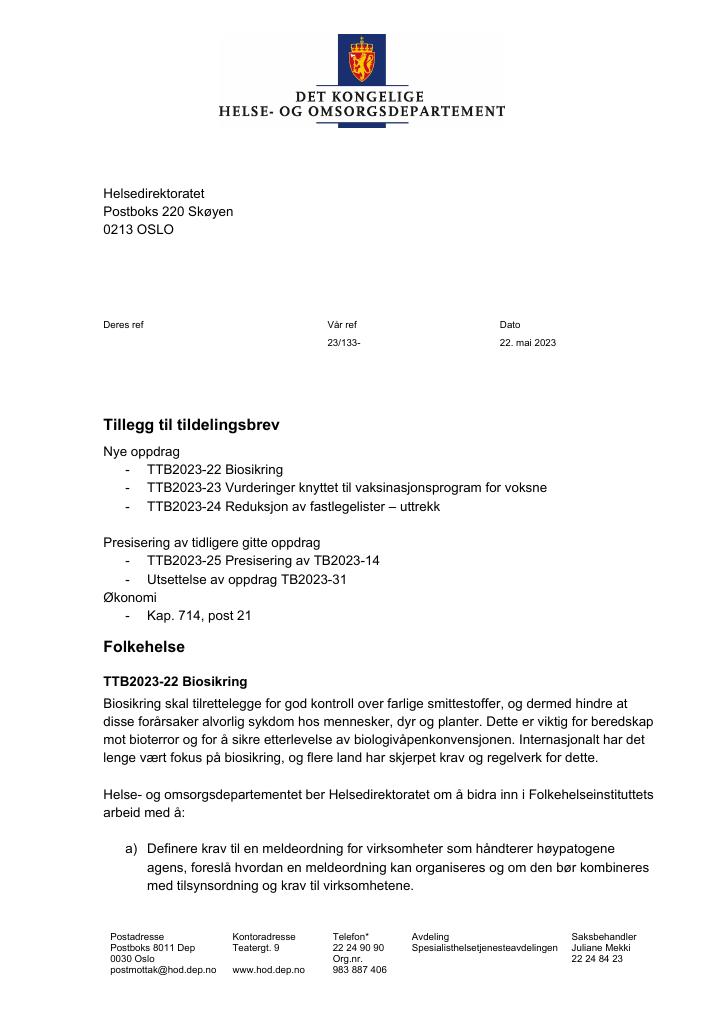 Forsiden av dokumentet Tildelingsbrev Helsedirektoratet 2023 - tillegg nr. 22