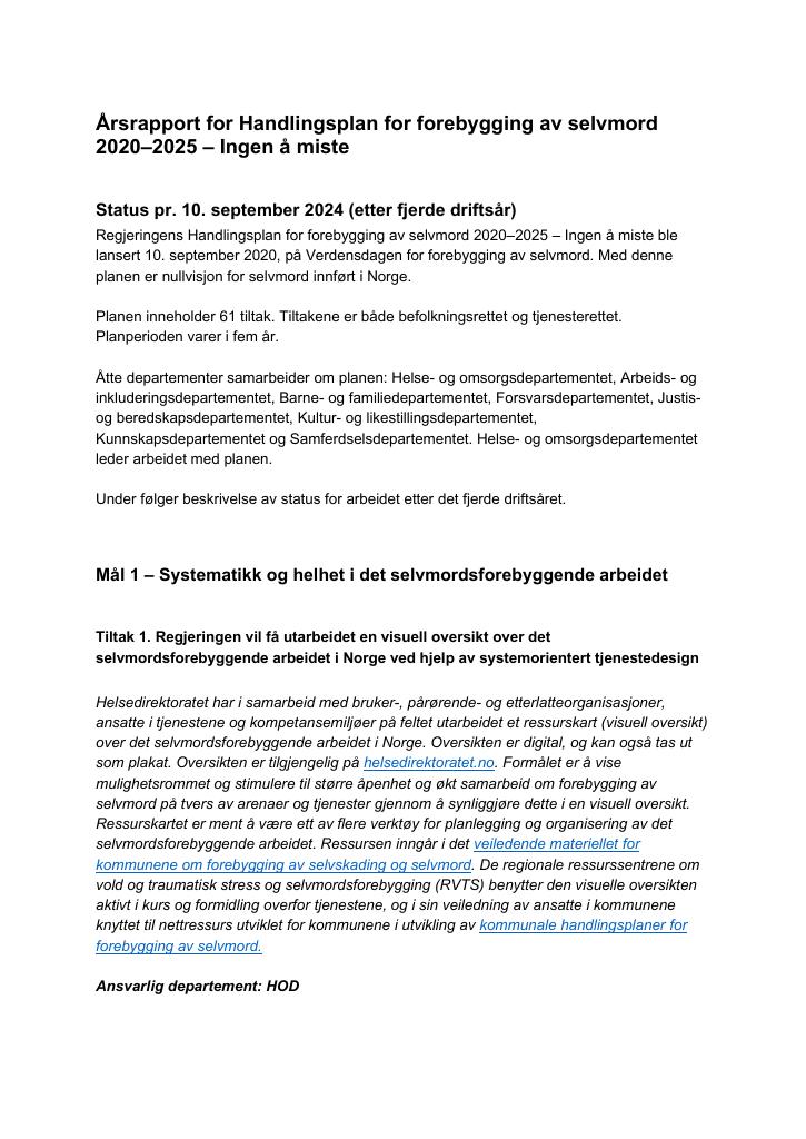 Forsiden av dokumentet Årsrapport 2023-2024 for Handlingsplan for forebygging av selvmord