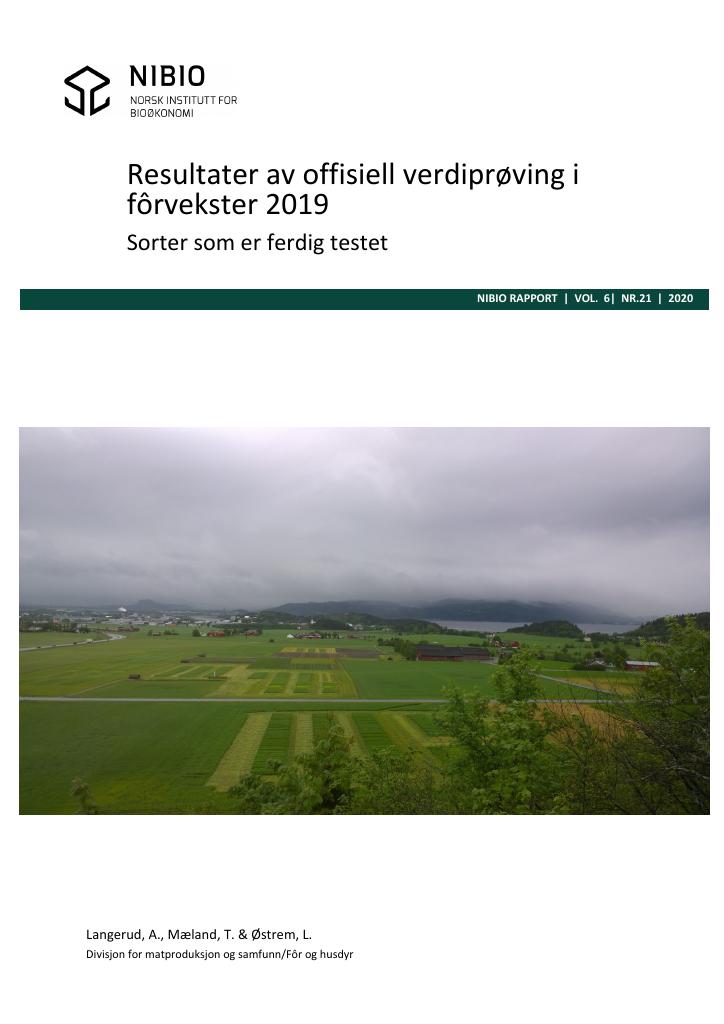 Forsiden av dokumentet Resultater av offisiell verdiprøving i fôrvekster 2019