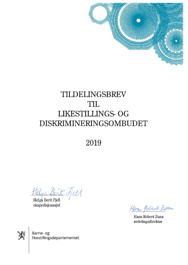 Forsiden av dokumentet Tildelingsbrev Likestillings- og diskrimineringsombudet 2019