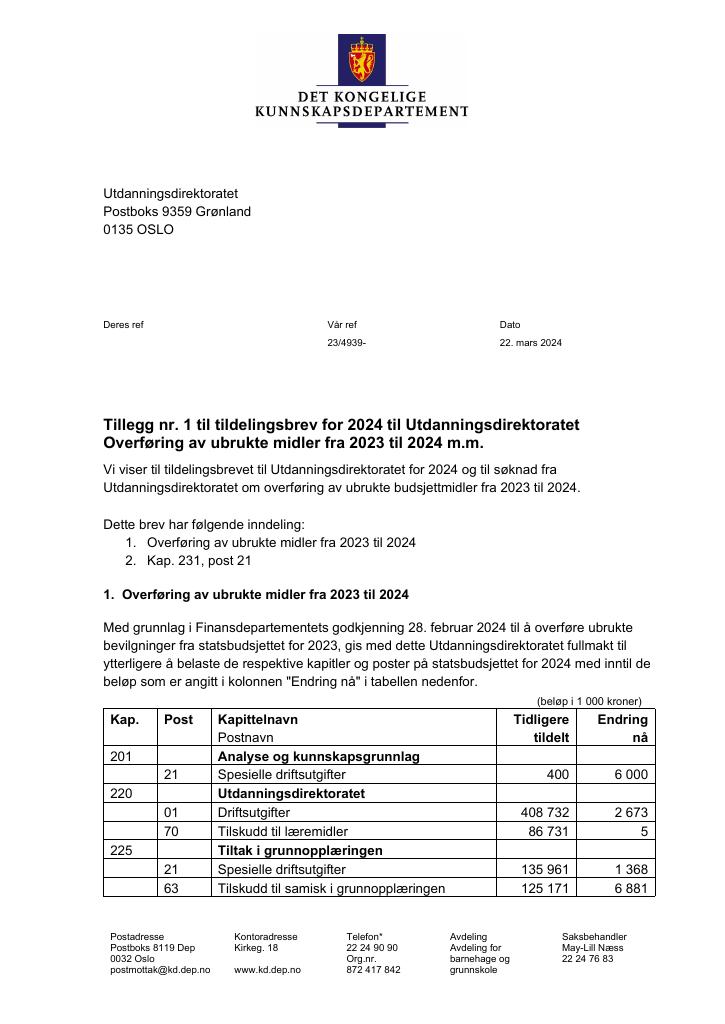 Forsiden av dokumentet Tildelingsbrev Utdanningsdirektoratet 2024 - tillegg
